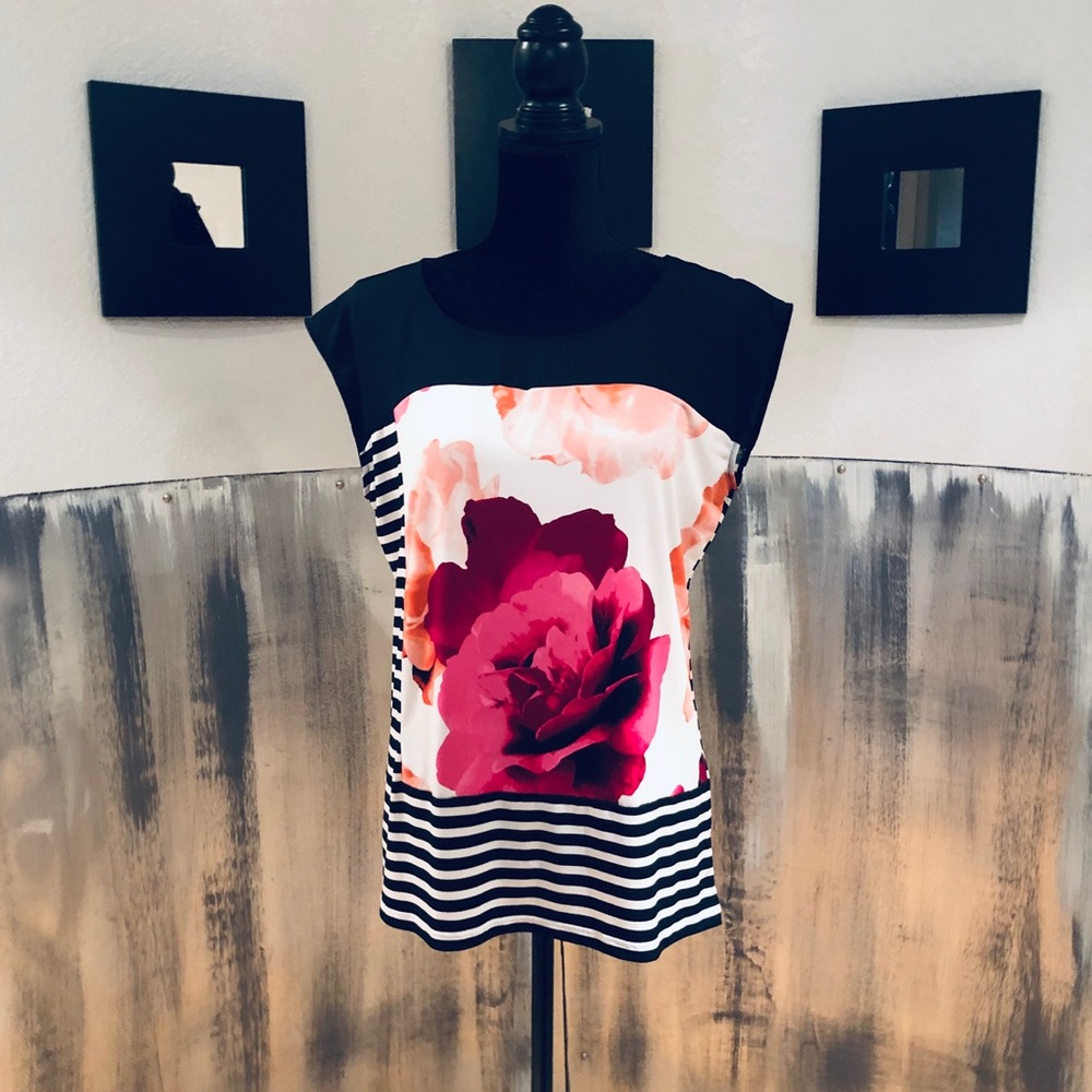 Calvin Klein Striped Floral Top Size L